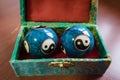 Closeup of blue Chinese Baoding balls in box Royalty Free Stock Photo