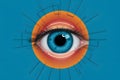 Closeup blue eye high technologies contact lens cataract, illustrating eye care technology