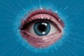 Closeup blue eye high technologies contact lens cataract, illustrating eye care technology