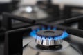 Closeup blue flame from a gas stove burner. Stainless steel kitchen surface with cast-iron grill. Royalty Free Stock Photo