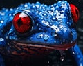 Closeup of a blue frog with red eyes and deep droplets of jungle