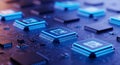 Closeup of blue illuminated computer chips on a circuit board with various microelectronic components and metal pins Royalty Free Stock Photo