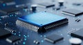 Closeup of a blue microchip on a circuit board with various electronic components and blue dots microprocessor semiconductor Royalty Free Stock Photo