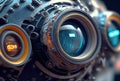 Closeup of blue robot eyes with metallic structure background. Technology and Innovation concept. Generative AI