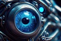 Closeup of blue robot eyes with metallic structure background. Technology and Innovation concept. Generative AI