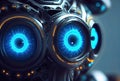 Closeup of blue robot eyes with metallic structure background. Technology and Innovation concept. Generative AI