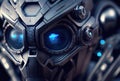 Closeup of blue robot eyes with metallic structure background. Technology and Innovation concept. Generative AI