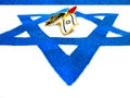 Closeup on Blue White Israeli Flag and Izkor Pin in the Center of Star Of David Symbol Royalty Free Stock Photo