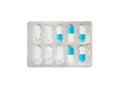 Closeup blue and white pills in blister pack isolated on white background with clipping path Royalty Free Stock Photo