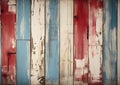 Closeup of a blue and white striped door with chipped paint