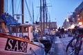 Closeup of a boat in copenhagen canal during night Royalty Free Stock Photo