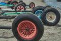 Closeup of boat wheels trolleys on the beach Royalty Free Stock Photo
