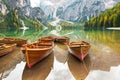 Closeup on boats on lake braies in south tyrol Royalty Free Stock Photo