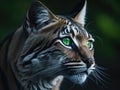 closeup of bobcats face with its green eyes. ai generative