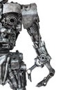 Closeup Body of metallic robot made from auto parts with machine