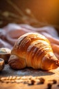 croissant gold background food breakfast table bokeh background morning bakery cup drink. Generative AI.