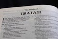 Closeup of the Book of Isaiah from Bible or Torah, with focus on the Title of Christian and Jewish religious text.