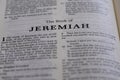 Closeup of the Book of Jeremiah from Bible or Torah, with focus on the Title of Christian and Jewish religious text.