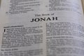 Closeup of the Book of Jonah from Bible or Torah, with focus on the Title of Christian and Jewish religious text. Royalty Free Stock Photo
