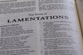 Closeup of the Book of Lamentations from Bible or Torah, with focus on the Title of Christian and Jewish religious text. Royalty Free Stock Photo