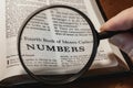 closeup of the book of Numbers from Bible or Torah using a magnifying glass to enlarge print. Royalty Free Stock Photo