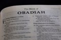 Closeup of the Book of Obadiah from Bible or Torah, with focus on the Title of Christian and Jewish religious text.