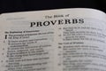 Closeup of the Book of Proverbs from Bible or Torah, with focus on the Title of Christian and Jewish religious text. Royalty Free Stock Photo