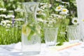 Closeup of bottle of cold healthy water with lemon and mint outdoor.Relax time in the garden during sunny and hot summer day