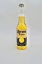 A closeup of a bottle of Corona Extra against a white background