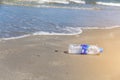 Closeup bottle plastic garbage on the beach,Trash on sand beach
