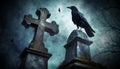 Black Crow Standing on a Tombstone in a Spooky Cemetery - Generative Ai Royalty Free Stock Photo