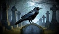 Black Crow Standing on a Tombstone in a Spooky Cemetery - Generative Ai Royalty Free Stock Photo