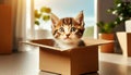 Curious Tabby Baby Cat Peeking out From an Open Cardboard Box - Generative Ai Royalty Free Stock Photo