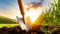 Soil with a Garden Trowel and Green Grass on Background - Generative Ai Royalty Free Stock Photo