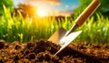 Soil with a Garden Trowel and Green Grass on Background - Generative Ai Royalty Free Stock Photo