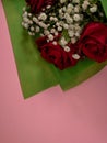 Closeup of a bouquet of beautiful red roses on a pink surface Royalty Free Stock Photo