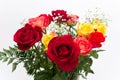 Closeup bouquet of red, pink, yellow roses.