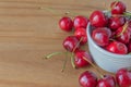 Closeup of a bowl of cherries with some fallen out