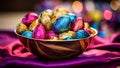 Closeup of a bowl with colored chocolate eggs. AI generated