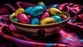 Closeup of a bowl with colored chocolate eggs. AI generated