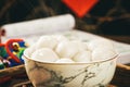 Closeup of a bowl of glutinous rice balls on the table in a Chinese restaurant