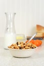 Closeup bowl of granola raisin almond cereal with a spoon Royalty Free Stock Photo