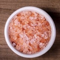 Closeup on bowl with pink himalayan salt