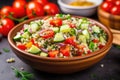 closeup of a bowl of quinoa salad with cucumbers and tomatoes