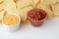 Closeup bowls of spicy cheese and salsa with nacho chips