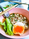 Closeup Bowls of  Spicy Fish Noodle Soup with Fish Balls Royalty Free Stock Photo