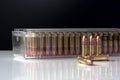 Closeup of box of .22 high velocity weapon ammunition with bullets in the front. Ammo.