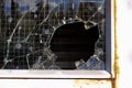 Closeup of a break-in through a wired glass window Royalty Free Stock Photo