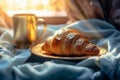 bakery croissant food breakfast drink view bokeh background morning cup table background. Generative AI.