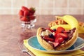 Closeup breakfast waffle fruit sandwich with chocolate spread Royalty Free Stock Photo